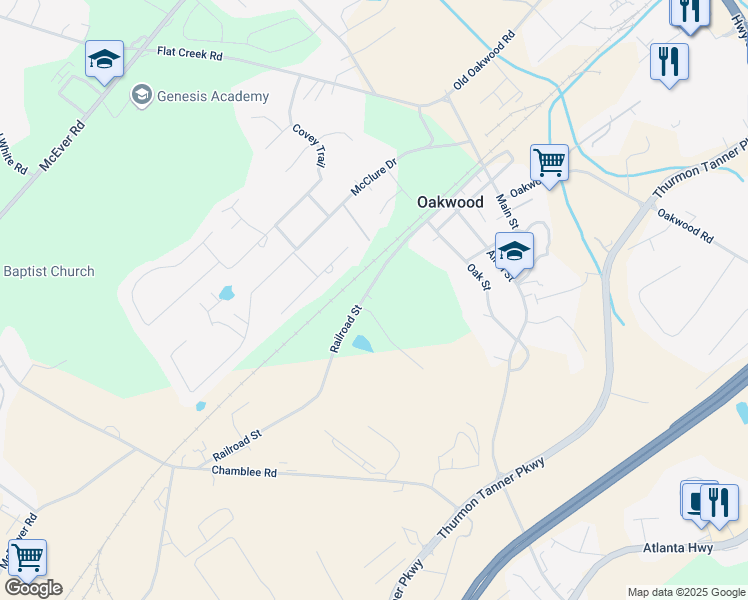 map of restaurants, bars, coffee shops, grocery stores, and more near 4363 Railroad Street in Oakwood