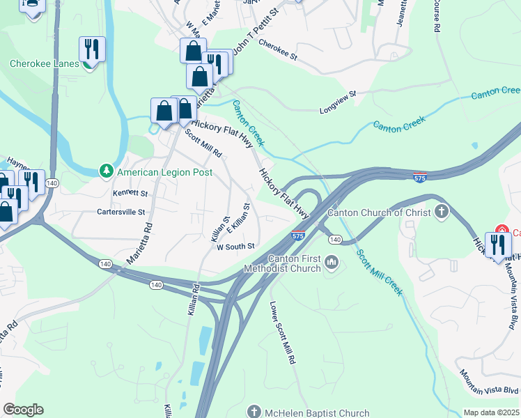 map of restaurants, bars, coffee shops, grocery stores, and more near 581 Scott Mill Road in Canton