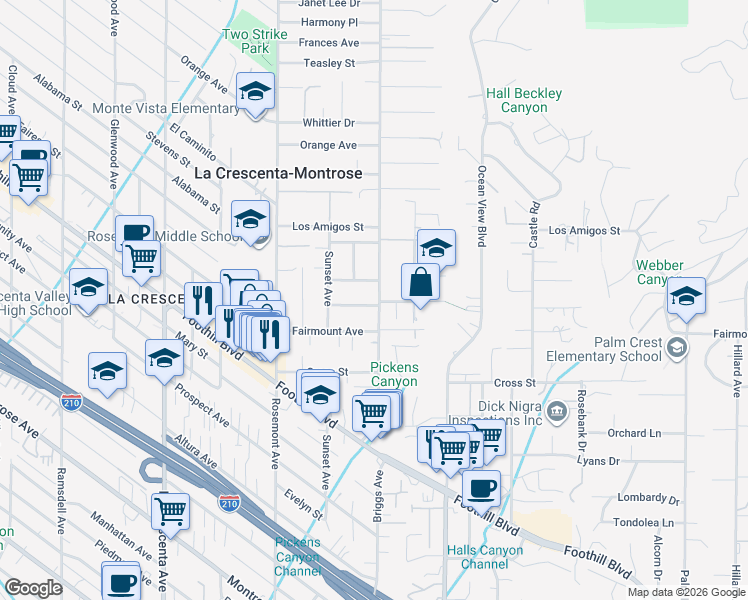 map of restaurants, bars, coffee shops, grocery stores, and more near 2417 Mountain Avenue in La Crescenta-Montrose