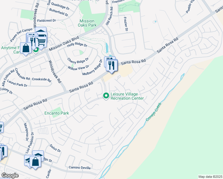 map of restaurants, bars, coffee shops, grocery stores, and more near 13208 Village 13 in Camarillo