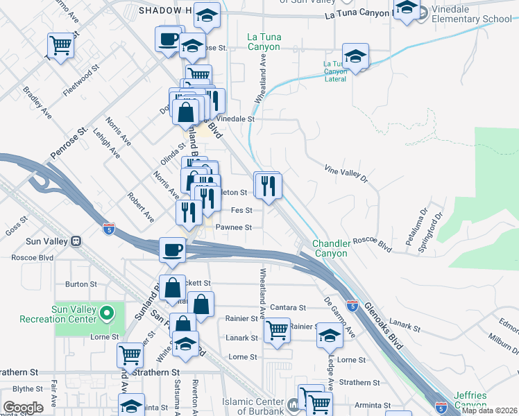 map of restaurants, bars, coffee shops, grocery stores, and more near 8437 Wheatland Avenue in Los Angeles