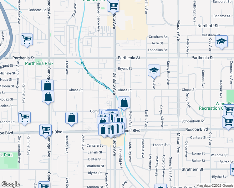map of restaurants, bars, coffee shops, grocery stores, and more near 20850 Chase Street in Los Angeles