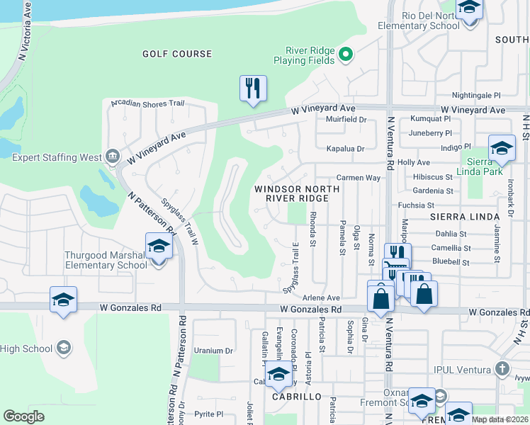 map of restaurants, bars, coffee shops, grocery stores, and more near 2200 Firestone Court in Oxnard