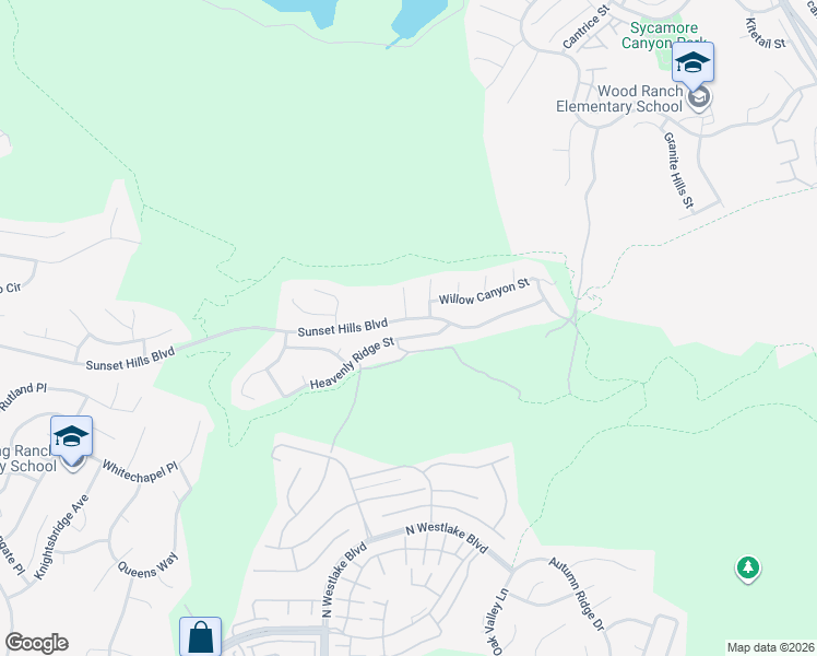 map of restaurants, bars, coffee shops, grocery stores, and more near 3105 Heavenly Ridge Street in Thousand Oaks