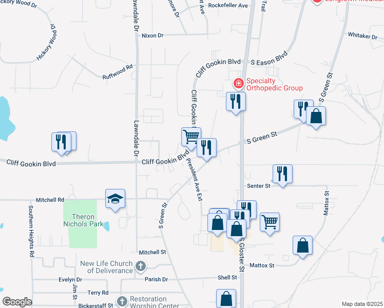 map of restaurants, bars, coffee shops, grocery stores, and more near 1901 South Green Street in Tupelo