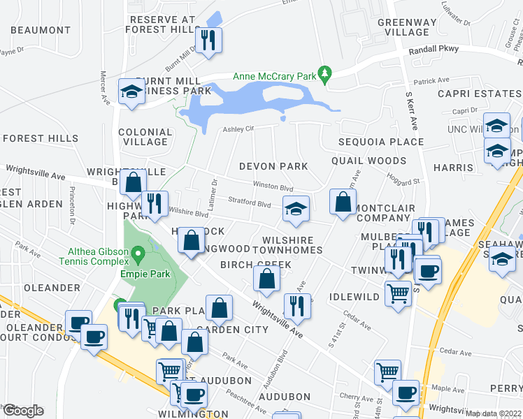 map of restaurants, bars, coffee shops, grocery stores, and more near 3608 Stratford Boulevard in Wilmington