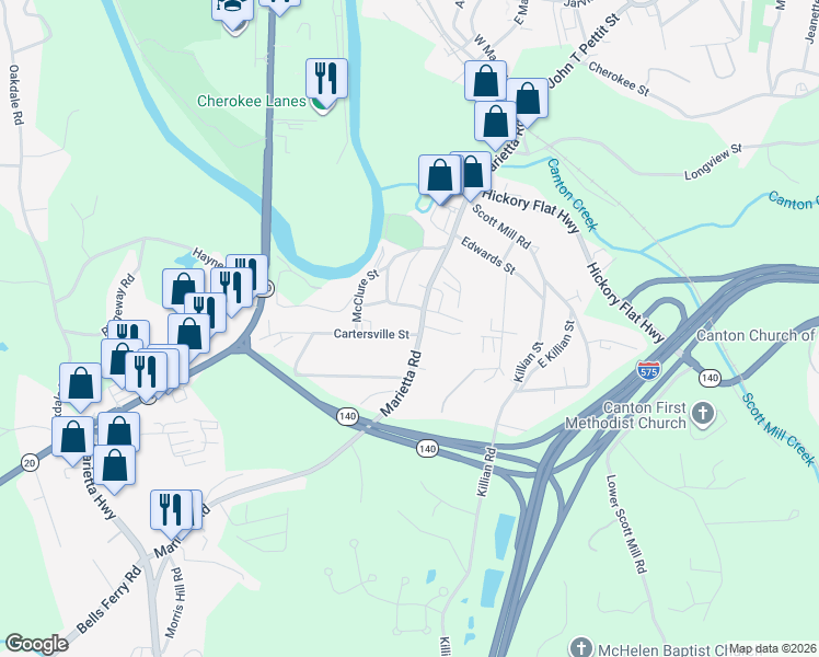 map of restaurants, bars, coffee shops, grocery stores, and more near 125 Cartersville Street in Canton