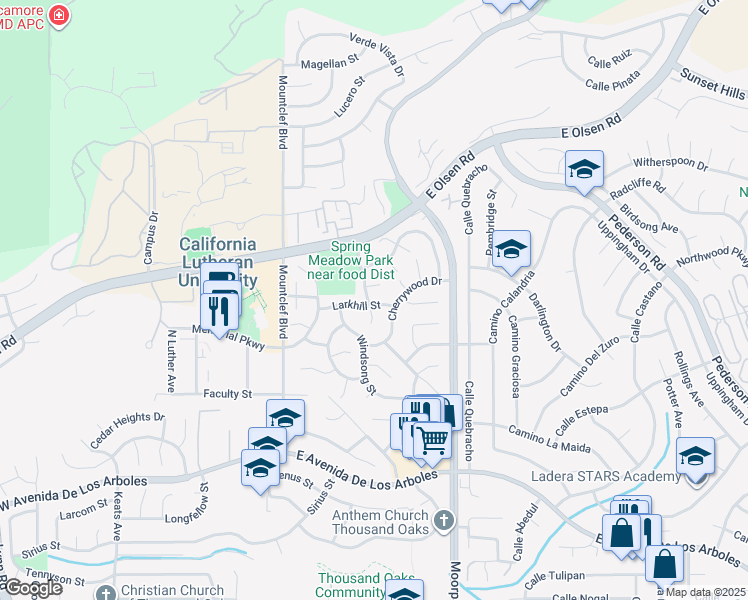 map of restaurants, bars, coffee shops, grocery stores, and more near 205 Larkhill Street in Thousand Oaks