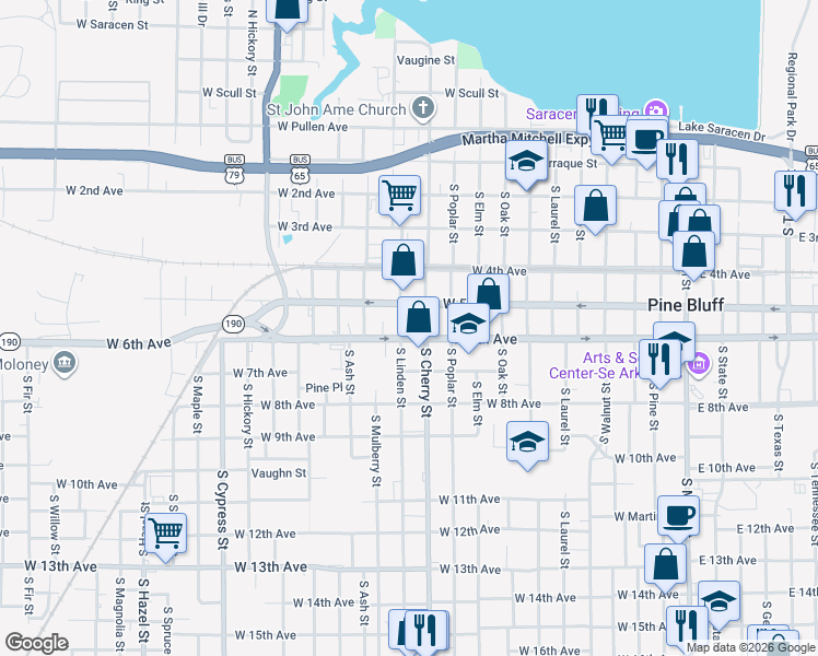 map of restaurants, bars, coffee shops, grocery stores, and more near 1109 West 6th Avenue in Pine Bluff