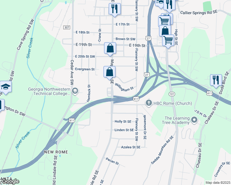 map of restaurants, bars, coffee shops, grocery stores, and more near 2113 Maple Avenue Southwest in Rome