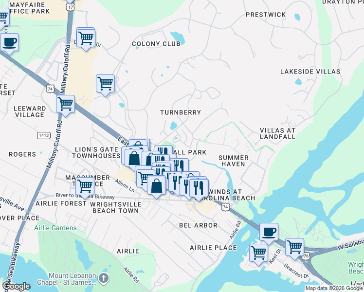 map of restaurants, bars, coffee shops, grocery stores, and more near 1923 Hallmark Lane in Wilmington