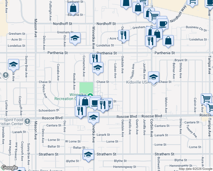 map of restaurants, bars, coffee shops, grocery stores, and more near 8467 Penfield Avenue in Los Angeles
