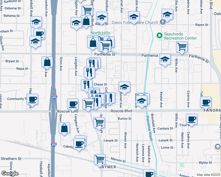 map of restaurants, bars, coffee shops, grocery stores, and more near 8444 Columbus Avenue in Los Angeles