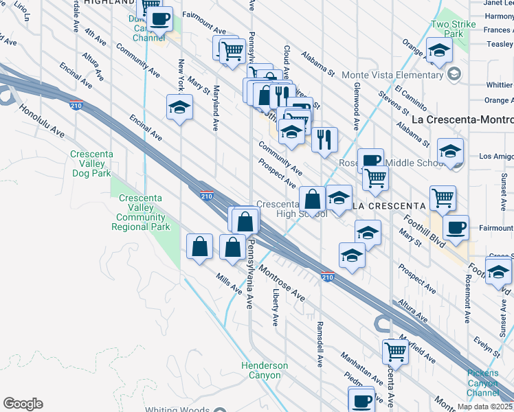 map of restaurants, bars, coffee shops, grocery stores, and more near 3147 Encinal Avenue in La Crescenta-Montrose
