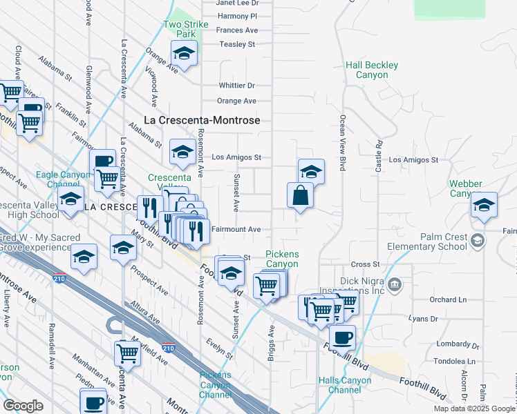map of restaurants, bars, coffee shops, grocery stores, and more near 2417 Mountain Ave in La Crescenta-Montrose