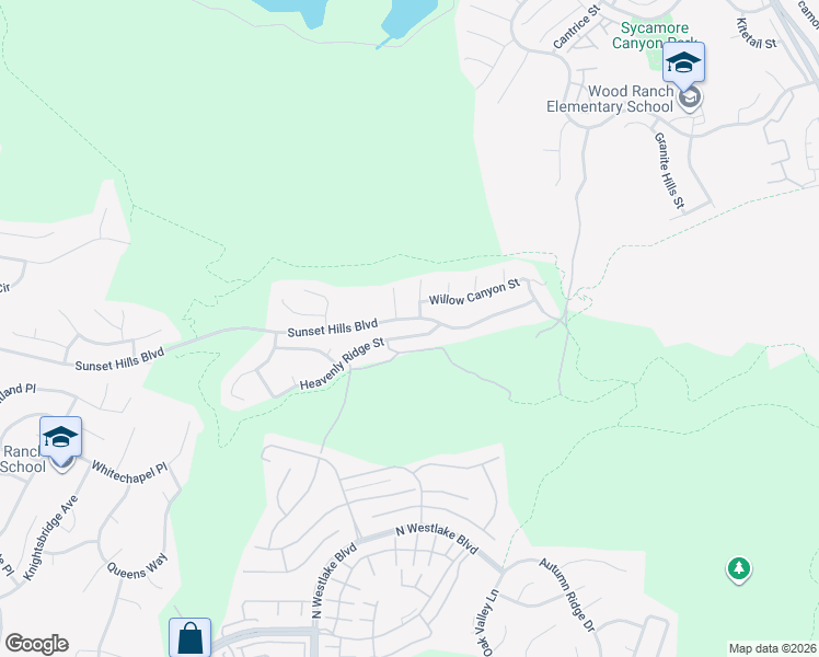 map of restaurants, bars, coffee shops, grocery stores, and more near 3105 Heavenly Ridge Street in Thousand Oaks