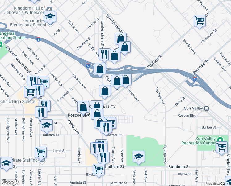 map of restaurants, bars, coffee shops, grocery stores, and more near 11643 Tuxford Street in Los Angeles