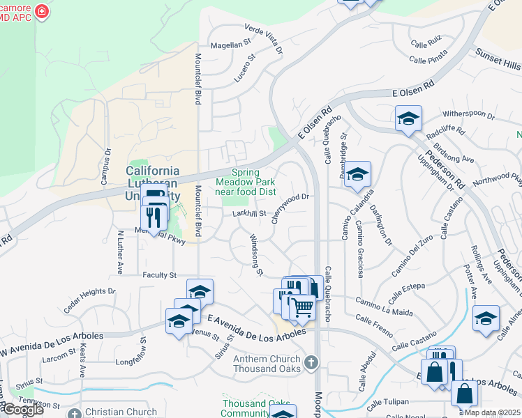 map of restaurants, bars, coffee shops, grocery stores, and more near 205 Larkhill Street in Thousand Oaks