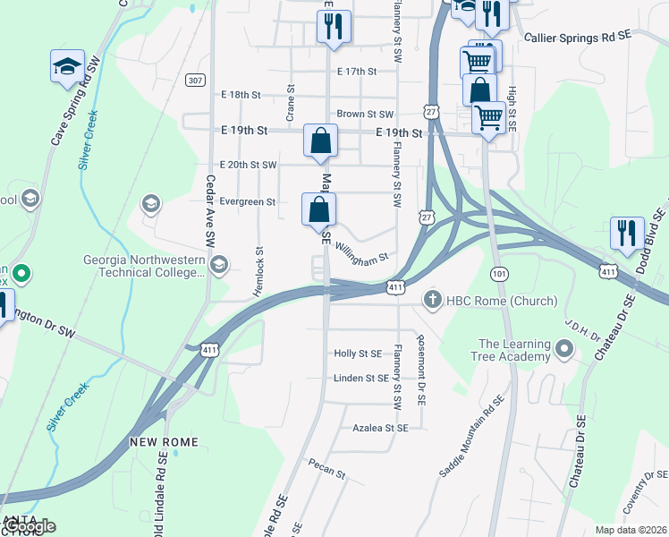 map of restaurants, bars, coffee shops, grocery stores, and more near 2115 Maple Avenue Southeast in Rome