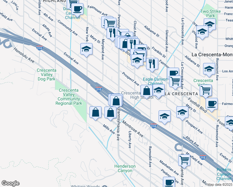 map of restaurants, bars, coffee shops, grocery stores, and more near 4201 Pennsylvania Avenue in Glendale