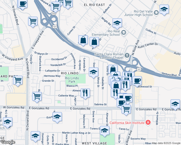 map of restaurants, bars, coffee shops, grocery stores, and more near 2200 Miramonte Drive in Oxnard