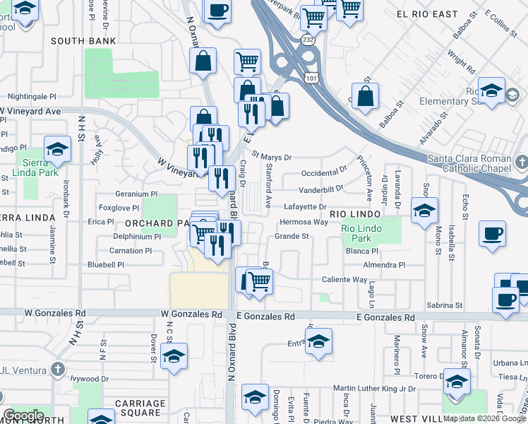 map of restaurants, bars, coffee shops, grocery stores, and more near 225 Hermano Tr in Oxnard