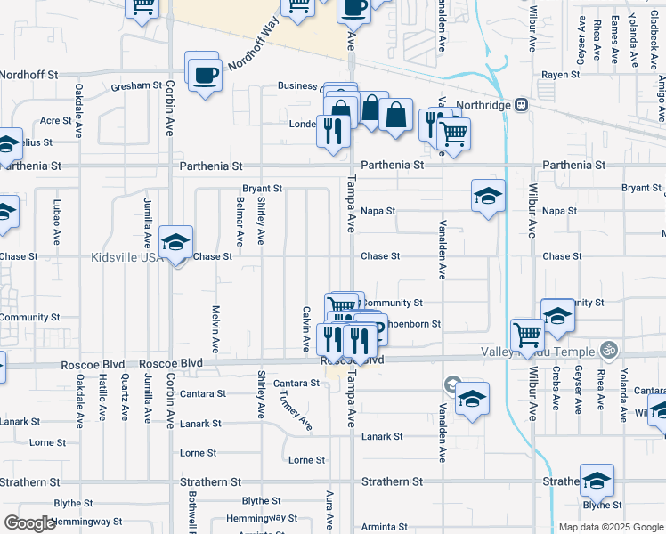 map of restaurants, bars, coffee shops, grocery stores, and more near 8450 Aura Avenue in Los Angeles