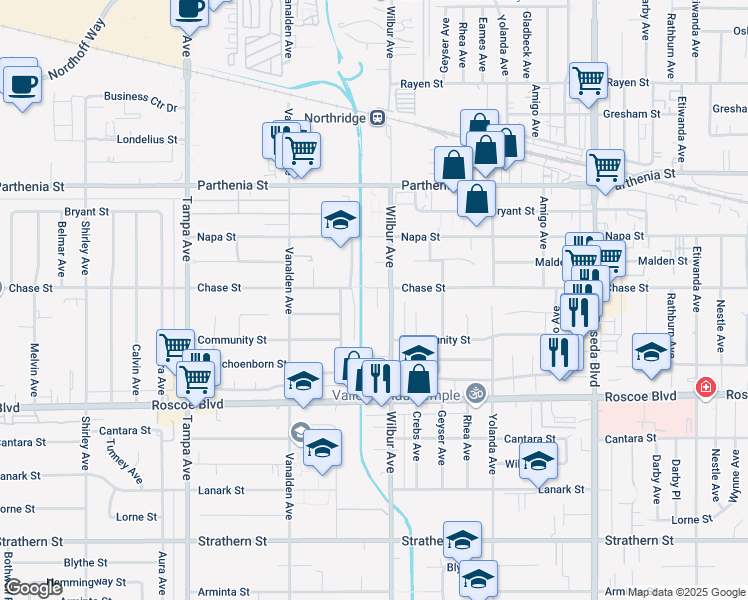 map of restaurants, bars, coffee shops, grocery stores, and more near 18902 Chase Street in Los Angeles