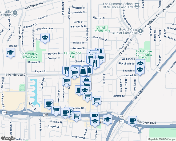 map of restaurants, bars, coffee shops, grocery stores, and more near 635 Arneill Road in Camarillo