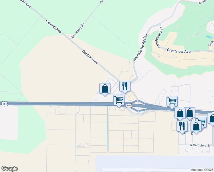map of restaurants, bars, coffee shops, grocery stores, and more near 4388 Central Avenue in Camarillo