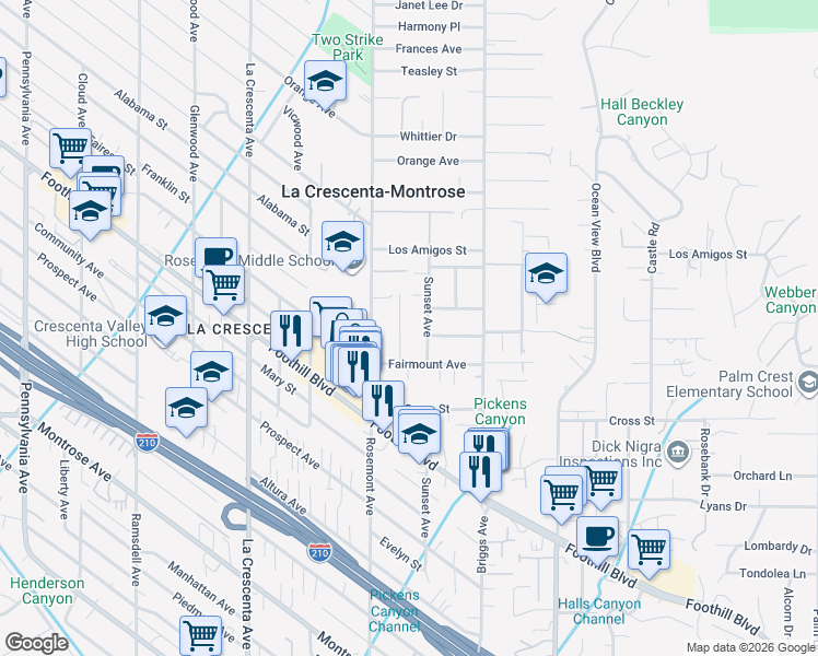 map of restaurants, bars, coffee shops, grocery stores, and more near 4632 Marellen Place in La Crescenta-Montrose