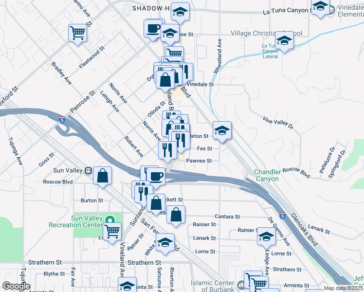 map of restaurants, bars, coffee shops, grocery stores, and more near 8422 Sunland Boulevard in Los Angeles