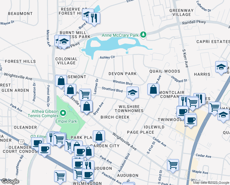 map of restaurants, bars, coffee shops, grocery stores, and more near 3602 Stratford Boulevard in Wilmington