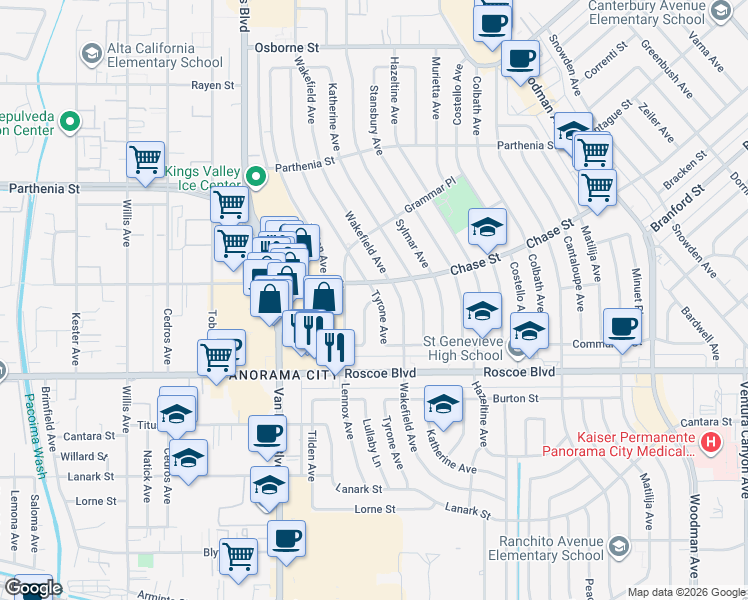 map of restaurants, bars, coffee shops, grocery stores, and more near 8426 Lullaby Lane in Los Angeles