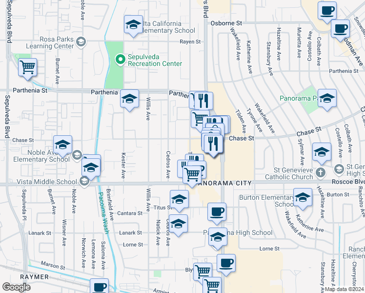 map of restaurants, bars, coffee shops, grocery stores, and more near 8427 Tobias Avenue in Los Angeles
