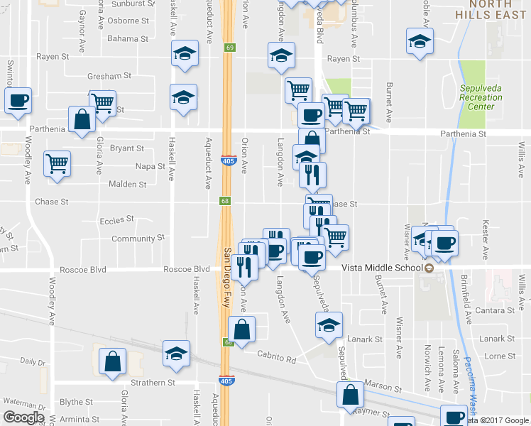 map of restaurants, bars, coffee shops, grocery stores, and more near 15546 Chase Street in Los Angeles