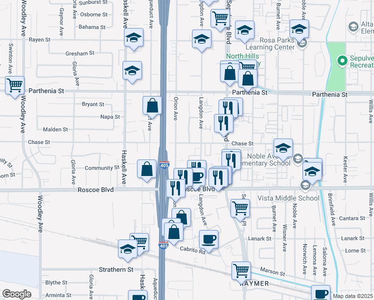 map of restaurants, bars, coffee shops, grocery stores, and more near 15546 Chase Street in Los Angeles