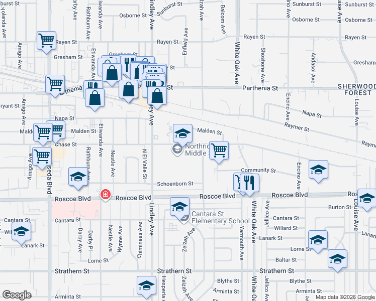 map of restaurants, bars, coffee shops, grocery stores, and more near 17900-17948 Chase St in Los Angeles