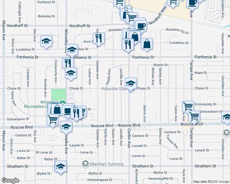 map of restaurants, bars, coffee shops, grocery stores, and more near 8460 Quartz Avenue in Los Angeles