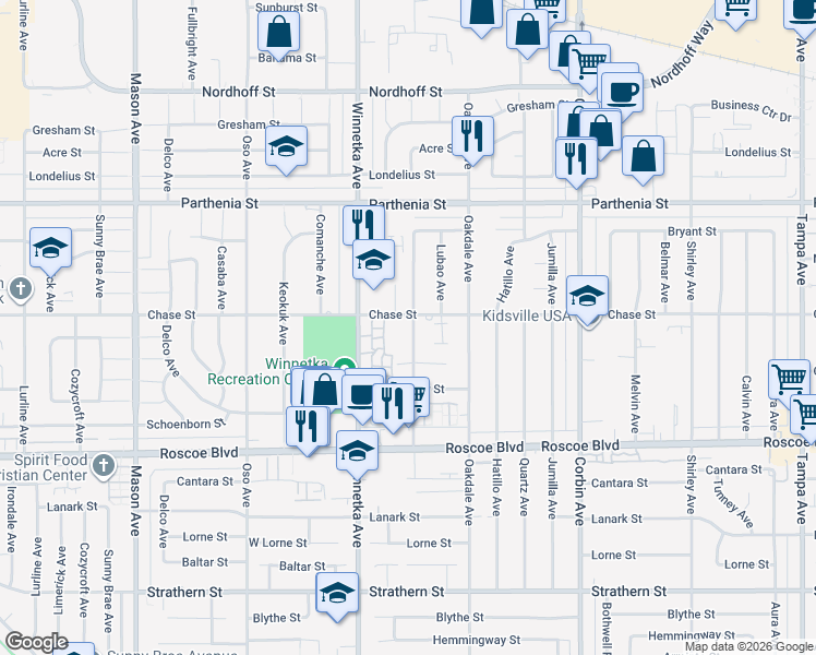 map of restaurants, bars, coffee shops, grocery stores, and more near 8467 Penfield Avenue in Los Angeles