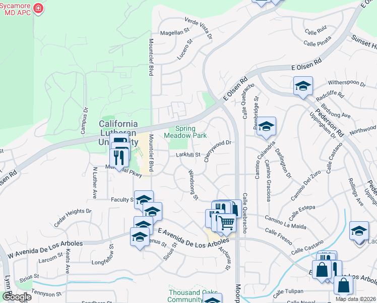 map of restaurants, bars, coffee shops, grocery stores, and more near 169 Larkhill Street in Thousand Oaks
