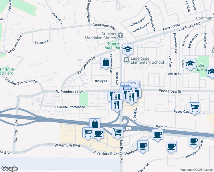 map of restaurants, bars, coffee shops, grocery stores, and more near 4 West Ponderosa Drive in Camarillo