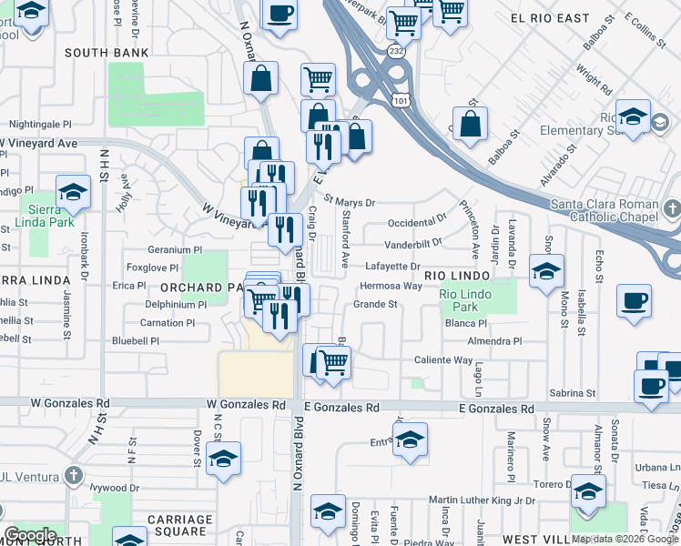 map of restaurants, bars, coffee shops, grocery stores, and more near 225 Hermano Tr in Oxnard
