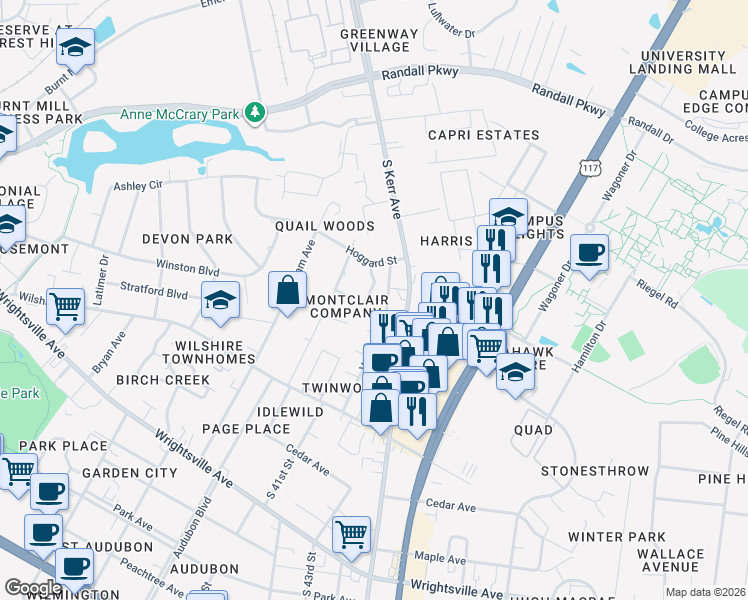 map of restaurants, bars, coffee shops, grocery stores, and more near 4108 Fraternity Court in Wilmington