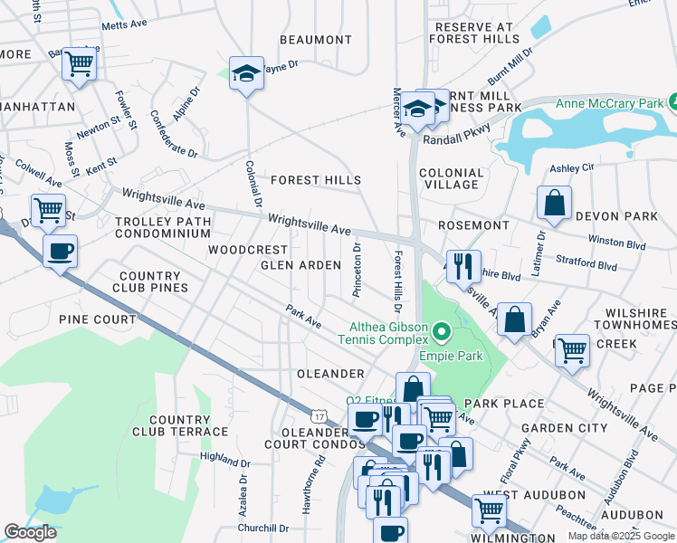 map of restaurants, bars, coffee shops, grocery stores, and more near 1205 Essex Drive in Wilmington
