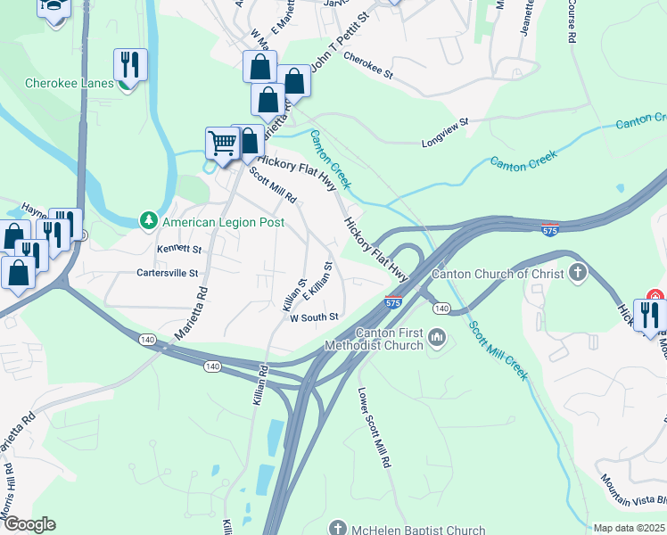map of restaurants, bars, coffee shops, grocery stores, and more near 528 Lower Scott Mill Road in Canton