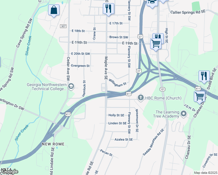 map of restaurants, bars, coffee shops, grocery stores, and more near 2113 Maple Avenue Southwest in Rome