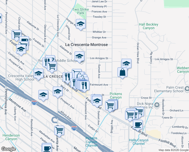 map of restaurants, bars, coffee shops, grocery stores, and more near 4632 Marellen Place in La Crescenta-Montrose