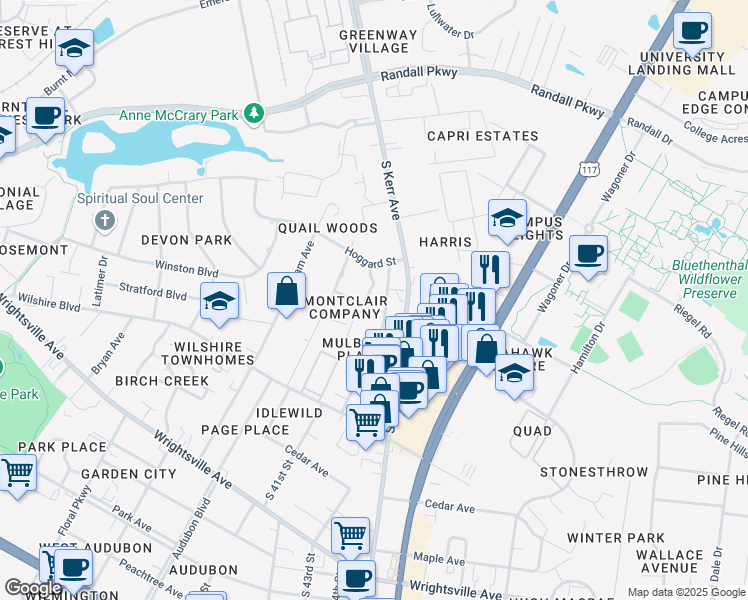 map of restaurants, bars, coffee shops, grocery stores, and more near 4104 Fraternity Court in Wilmington