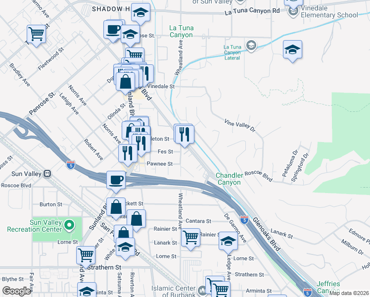 map of restaurants, bars, coffee shops, grocery stores, and more near 8437 Wheatland Avenue in Los Angeles